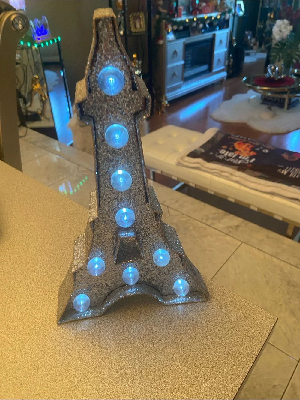 Glitter Eiffel Tower LED Decor - Silver with Blue Lights